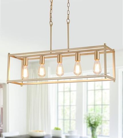 AMZASA Gold Rectangle Kitchen Island Lights Rectangular Modern Industrial Chandelier for Dining Room 5 Lights Linear Vintage Cage Light Fixtures