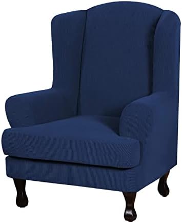 Aedlcal Wingback Chair Covers 2pcs Stretch Armchair Slipcover with Cushion Cover Jacquard Wing Chair Slipcover with Elastic Bottom Furniture Cover for Living Room (Jacquard-Blue)