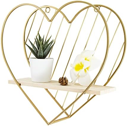 Afuly Floating Shelves Gold Metal Heart Hanging Shelf Wall Mounted Cute Storage Shelves Unique Decoration for Bedroom Kitchen Bathroom, Unique Gifts for Christmas