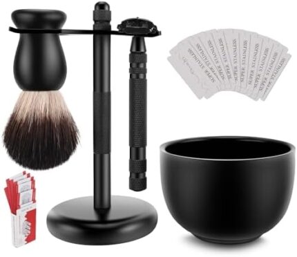 Amazing Safety Razor Shave Kit - Mysterious Black Men's Shaving & Grooming Sets - Butterfly Open Safety Razor,Friendly Brush,Great Shaving Stand,Shaving Soap Bowl, Super Stainless Blades