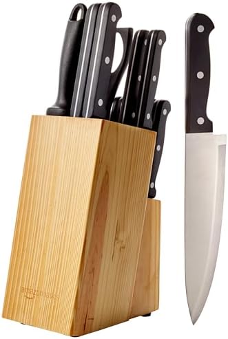 AmazonBasics 14-Piece Kitchen black Knife Set with Stainless-Steel Blades and Pine Wood Block