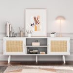 Anmytek Farmhouse Rattan TV Stand for 55 Inches TV Mid Century Modern Entertainment Center with Storage Cabinet Wood Small Media Console for Living Room White H0055