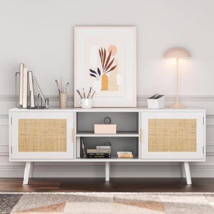 Anmytek Farmhouse Rattan TV Stand for 55 Inches TV Mid Century Modern Entertainment Center with Storage Cabinet Wood Small Media Console for Living Room White H0055