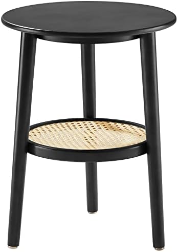 Apicizon 2 Tier Round End Table, Black Rattan Nightstand Bedside Table with Storage, Boho Side Table for Living Room, Bedroom, Small Spaces, Easy Assembly, 15 x 19.3 Inches