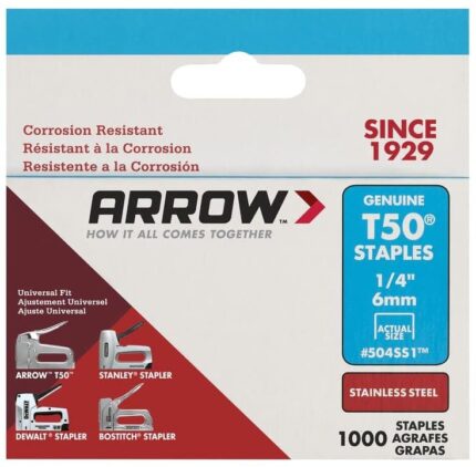 Arrow Fastener 504SS1 Heavy Duty T50 Stainless Steel Staples for Upholstery, Construction, Furniture, Crafts, 1/4-Inch Leg Length, 3/8-Inch Crown Size,1000-Pack