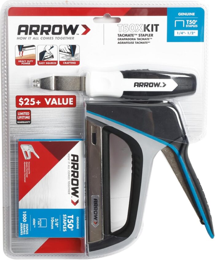 Arrow Fastener T50XKIT1000 TacMate Heavy Duty Staple Gun Kit for Upholstery, Furniture, Office, Decorating, includes Staple Remover and 1,000 Staples, Black and Silver