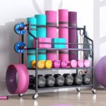 Azheruol Yoga Mat Storage Rack Cart Multifunctional large Capacity Dumbbell Stable Steel Rolling Storage rack for Large Rolling Kettlebells Rope,Home Gym Workout Organizer Fitness Sports for Home Exercise Equipment