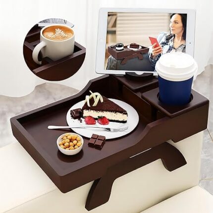 BAMBOOTRAY Couch Cup Holder, 4-in-1 Side Couch Arm Tray with Phone&Pad Holder, Sofa Clip on Side Table for Wide Couches Arm, Suitable for Home Drinks/Remote/Snacks