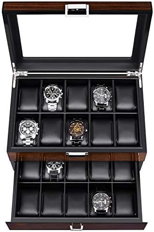 BEWISHOME Watch Box, 20 Slots Watch Case for Men - Luxury Watch Organizer with Glass Top,Smooth Faux Leather Interior, Brown SSH04Y