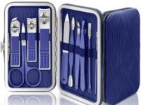 BLESWIN Manicure Set, 10 in 1 Professional Manicure and Pedicure Kit, Nail Care Kit for Women, Mens Nail Grooming Kit, Portable Nail Clipper Set Blue Leather Case for Travel Home