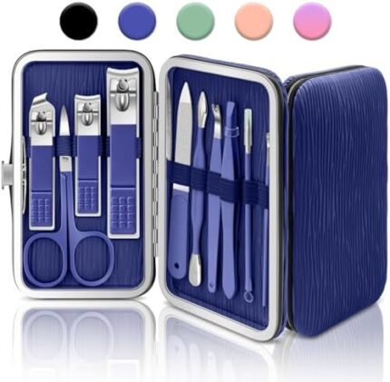 BLESWIN Manicure Set, 10 in 1 Professional Manicure and Pedicure Kit, Nail Care Kit for Women, Mens Nail Grooming Kit, Portable Nail Clipper Set Blue Leather Case for Travel Home