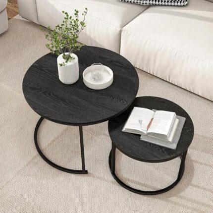 BOFENG Industrial Round Coffee Table Stacking Side Table Set of 2 End Tables for Living Room,Bedroom,Balcony,Wood Look Accent Furniture with Metal Frame,Sturdy and Stable,Easy Assembly,Black