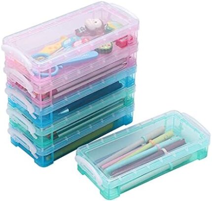 BTSKY Pack of 6 Large Capacity Stackable Plastic Pencil Case Box with Lid -Clear Stationery Storage Box, Office Supplies Pen Holder Pencil Box Organizer, Brush Painting Pencil Storage Box (3 Colors)