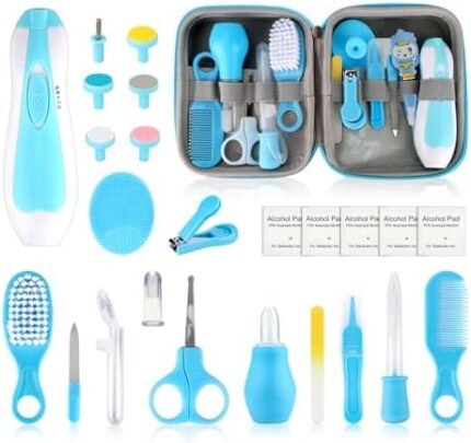 Baby Grooming Kit - 26 in 1 Nursery Essentials Baby Registry Shower Gift for Newborns, Infants, Toddlers, Boys, Girls Kids-Safety Baby Comb, Brush, Finger Toothbrush, Nail Clippers, Scissors(Blue)