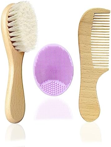 Baby Hair Brush, Molylove Goat Bristles Brush and Baby Cradle Cap Brush Set for Newborns and Toddlers,Wood Comb l Purple Silicone Brush| Ideal for Cradle Cap (3 Piece)