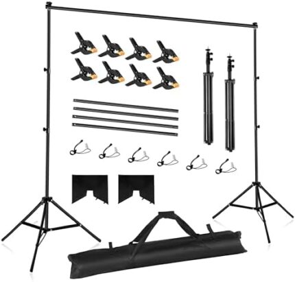 Backdrop Stand 10x7ft Adjustable Photo Backdrop Stand Kit Photography Backdrops with 4 Crossbars, 8 Backdrop Clamps, 6 Spring Clip, Photo Studio Adjustable Background Stand for Parties