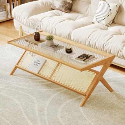 Bamworld Rattan Coffee Table Mid-Century Modern Coffee Table BambooTable with Glass Top for Living Room Office