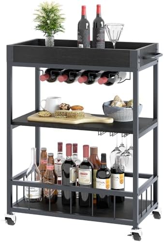 Bar Cart Serving Wine 3 Tier Home Rolling Rack with Wheels Mobile Kitchen Industrial Vintage Style Wood Metal Serving Trolley Serving Cart, Drink Cart for Living Room Kitchen