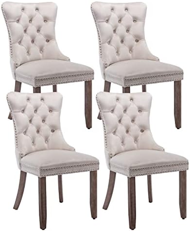 Beige Velvet Dining Chairs Set of 4, Upholstered Dining Room Chairs with Back Ring Pull Trim and Solid Wood Legs, Tufted Wingback Kitchen Chairs for Dining Room,Living Room,Kitchen(Beige)