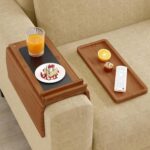 Benustra Bamboo Sofa Arm Tray Table, Couch Arm Table Tray with Extra Removable Tray, Anti-Slip Foldable Sofa Table Tray, 2 in 1 Waterproof Couch Cup Holder Tray for Drinks Cup Cellphone Remote Snacks