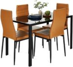 Best Choice Products 5-Piece Glass Dining Set, Modern Kitchen Table Furniture for Dining Room, Dinette, Compact Space-Saving w/Glass Tabletop, 4 Upholstered PU Chairs, Metal Steel Frame - Camel/Black