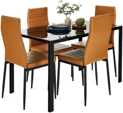 Best Choice Products 5-Piece Glass Dining Set, Modern Kitchen Table Furniture for Dining Room, Dinette, Compact Space-Saving w/Glass Tabletop, 4 Upholstered PU Chairs, Metal Steel Frame - Camel/Black