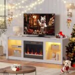 Bestier Electric Fireplace TV Stand for 70 Inch TV, Entertainment Center with 23" Fireplace, Storage Cabinet and LED Lights, Modern TV Console for Living Room(White Marble)