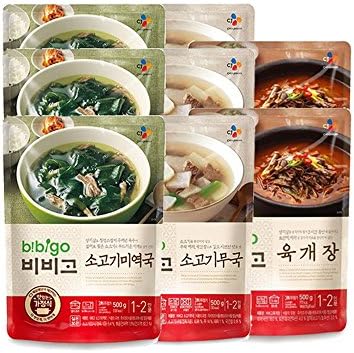 Bibigo Korean Food Popular Soup 8 Pack(500g x 8) - Spicy Beef and Vegetable Soup(Yukgaejang) 2pcs + Beef Seaweed Soup(Miyeokguk) 3pcs + Beef and Radish Soup(Soegogimuguk) 3pcs