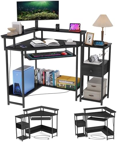 Black Corner Desk with Side Table and Drawer, Gaming Desk with Power Outlet, Computer Desk with Keyboard Tray and Monitor Shelf, Home Office Desk with Storage Shelves