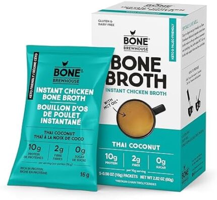 Bone Brewhouse - Chicken Bone Broth Protein Powder - Thai Coconut Flavour - Keto & Paleo Friendly - Instant Soup Broth - 10g Protein - Natural Collagen, Gluten-Free & Dairy free - 5 Individual Packets