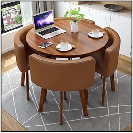 Business Dining Table Set Space-Saving Furniture, Round Table and Chairs Set of 4, Office Table and Chair Combination Leisure Seat 80cm Small Creative Home Living Room Leisure Milk Tea Shop (Brown)