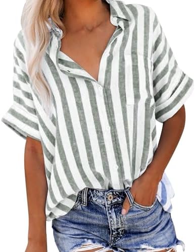 Button Shirts for Women Striped Short Sleeve Collared Blouses V Neck Roll Up Casual Trendy Tops 2024 Summer Shirt