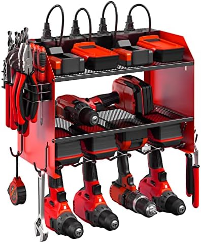 CCCEI Modular Power Tool Organizer Wall Mount Charging Station, Red 4 Drills Holder with 8 Plug Power Strip, Garage Drill Battery Heavy Duty Metal Shelf, Utility Rack with Hooks, Side Storage.