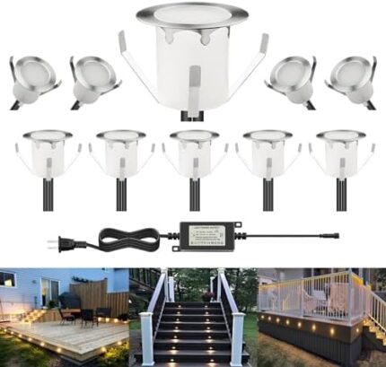 CHNXU LED Outdoor Deck Lights Kits, Φ30mm Warm White 10 Pack Silver, Low Voltage 12V DC IP67 Waterproof, Electric Wired Recessed Exterior Stair Step Riser Landscape Lighting for Outside Floor Yard