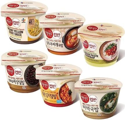 CJ Cupbahn Microwavable Rice Bowls Variety Pack Assorted Set Stir-Fried Kimchi , Soft Tofu Sew , Seaweed Soup , Yellow Cream Curry , Vegetable Bibimbap , Black Bean Sauce 6 Pack