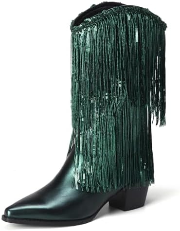 CKSNDLF Fringe Cowboy Boots for women Sparkly Metallic Cowgirl Boots Sequin Western Chunky Block Heel Mid Calf Boots