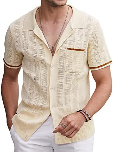 COOFANDY Knit Shirts for Men Button Down Casual Beach Short Sleeve Vintage Polo Shirt Clear