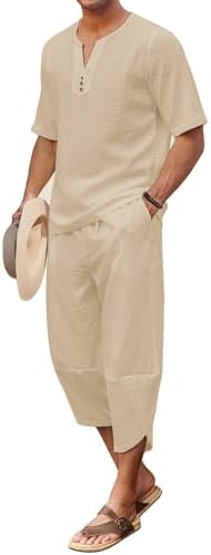 COOFANDY Men's 2 Pieces Linen Set Henley Shirt Short Sleeve and Harem Capri Pants Wide Leg Baggy Beach Yoga Trousers Outfits