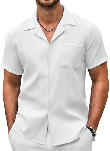 COOFANDY Men's Casual Shirts Short Sleeve Cuban Collared Shirt Summer Button Down Shirt Tropical Beach Textured Shirts