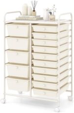 COSTWAY 15-Drawer Rolling Storage Cart, Mobile Utility Cart with Heavy-duty Frame & Lockable Wheels, Multipurpose Storage Organizer Cart for Tools, Paper, Drawer Cart for Home, Office, School, White