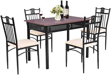 COSTWAY 5 Pieces Dining Table Set, Modern Kitchen Table Set for 4 Person, 42” Rectangular Table w/ 4 Upholstered Chairs, Bistro Table Set for Home, Coffee Shop & Restaurant (Brown)