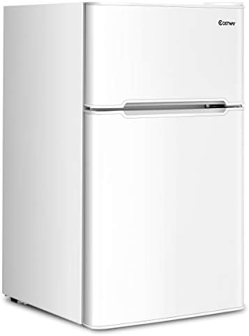 COSTWAY Compact Refrigerator, 3.2 cu ft. Unit 2-Door Mini Freezer Cooler Fridge with Reversible Door, Removable Glass Shelves, Mechanical Control, Recessed Handle for Dorm, Office, Apartment, White