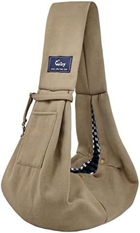 CUBY Dog Cat Pet Sling Carrier Hands Free Reversible Pet Shoulder Sling Bag Soft Purse Carrier for Small Puppy Kitten Indoor Travel (Khaki-Unadjustable)