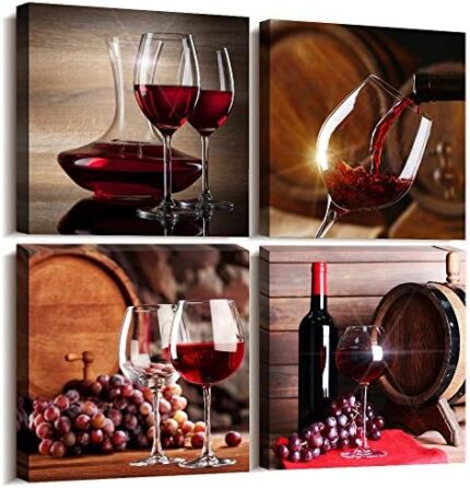 Canvas Art For Kitchen Dining Room Wine Glass Wall Pictures Still Life Wine Fruit Goblet Prints Artwork Bar Paintings Restaurant Decorations Home Decor 4 Piece Set