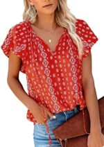 Charne Women Short Sleeve Boho Shirt Summer V Neck Blouses Floral Printed Drawstring T-Shirt Tops