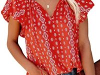 Charne Women Short Sleeve Boho Shirt Summer V Neck Blouses Floral Printed Drawstring T-Shirt Tops