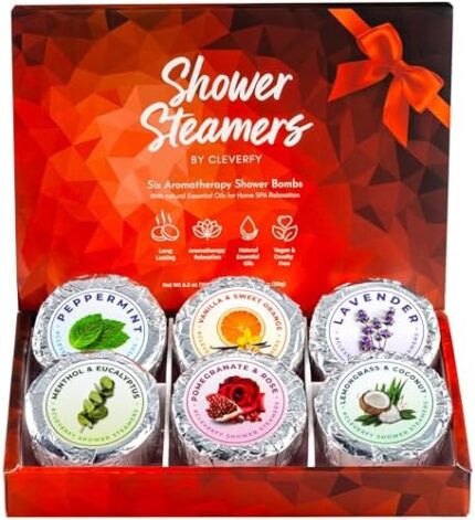 Cleverfy Shower Steamers Aromatherapy - Compact Gift Set of 6 Shower Bombs with Essential Oils for Self Care, Relaxation and Luxuriate Home Spa. Shower Steamer Birthday Gifts for Women and Men. Red Set