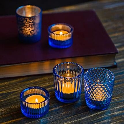 Clonnynix Blue Candle Holders 5Pcs,Assorted Style Glass Vintage Tealight Votives Candelabra Bulk, indian home decor centerpiece for table (Blue,Set of 5)