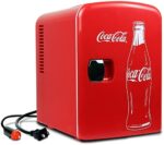 Coca-Cola Classic Red Portable 6 Can Thermoelectric Mini Fridge Cooler/Warmer, 4 L/4.2 Quarts Capacity, 12V DC/110V AC for home, dorm, car, boat, beverages, snacks, skincare, cosmetics, medication