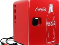 Coca-Cola Classic Red Portable 6 Can Thermoelectric Mini Fridge Cooler/Warmer, 4 L/4.2 Quarts Capacity, 12V DC/110V AC for home, dorm, car, boat, beverages, snacks, skincare, cosmetics, medication